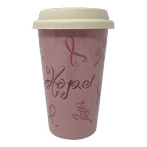 VTG Longaberger Pottery Horizon of Hope Travel Mug w/Lid VTG Pink Ribbon Cup BCA
